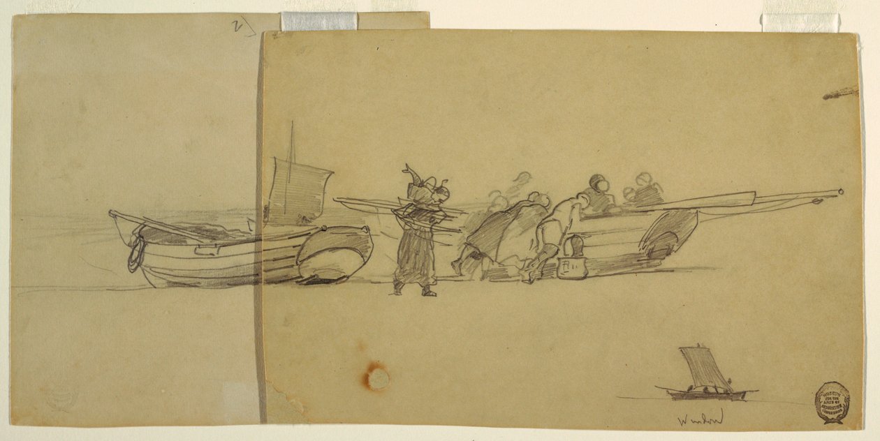Tekening, Mannen en vrouwen lossen een vissersboot, Cullercoats, Engeland, 1881-82 door Winslow Homer