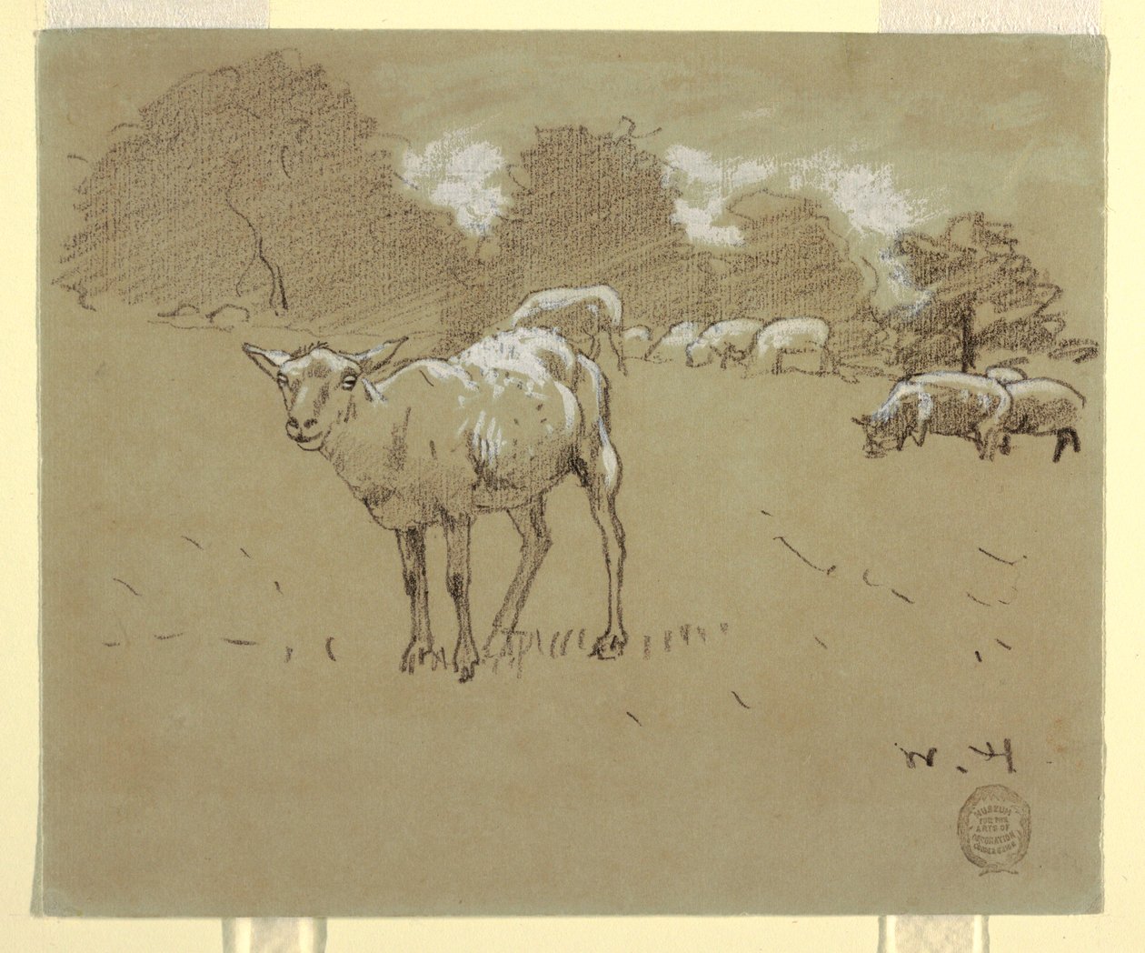 Tekening, Grazende schapen in een veld, ca. 1875-78 door Winslow Homer
