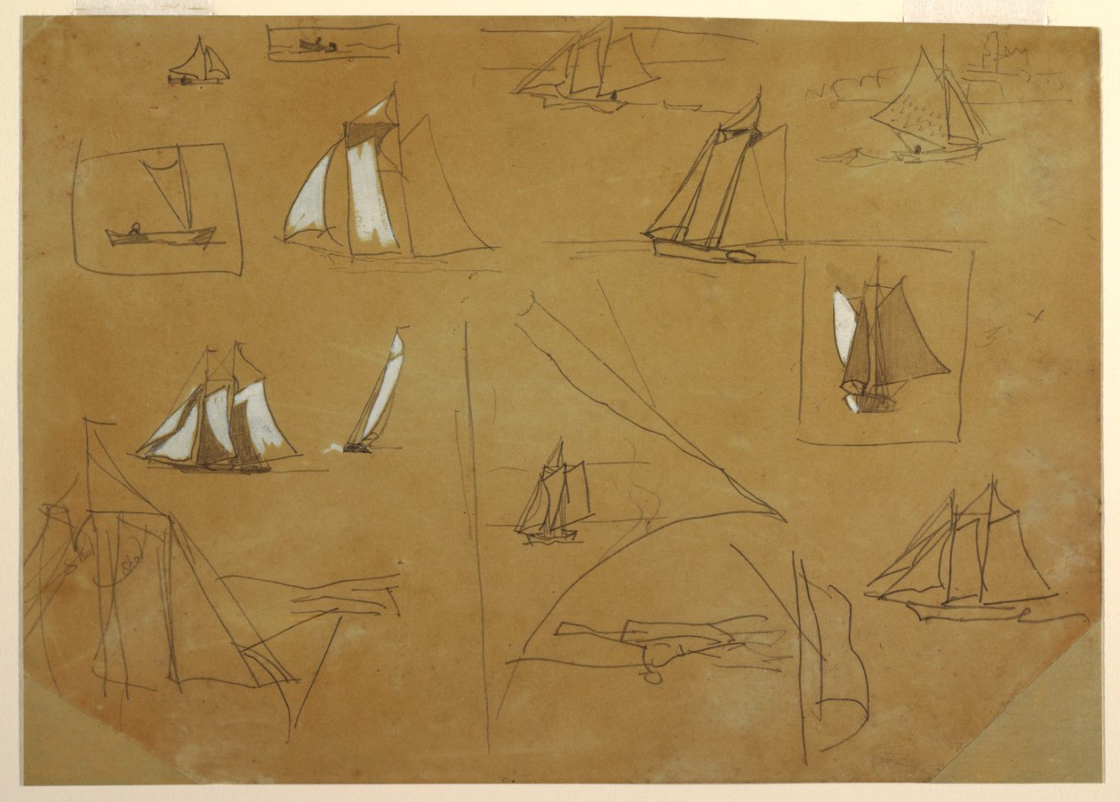 Tekening, Schetsen van zeilboten, Cullercoats, Engeland, 1881-82 door Winslow Homer