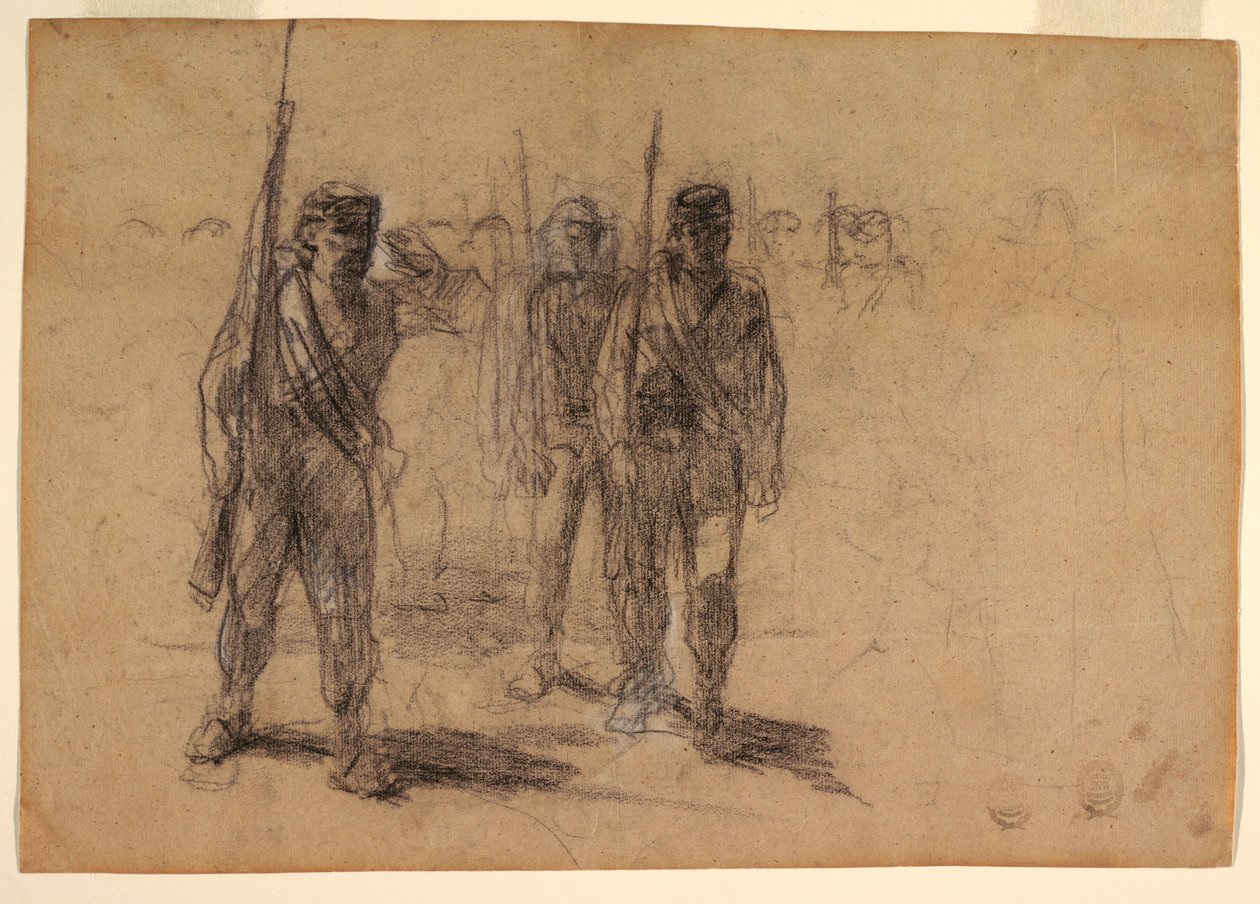 Tekening, Soldaten aan het boren, waarschijnlijk 1864 door Winslow Homer
