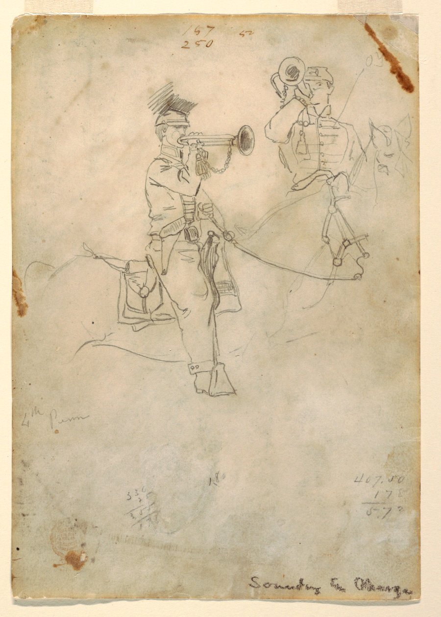 Tekening, Het blazen van de charge, ca. 1862 door Winslow Homer