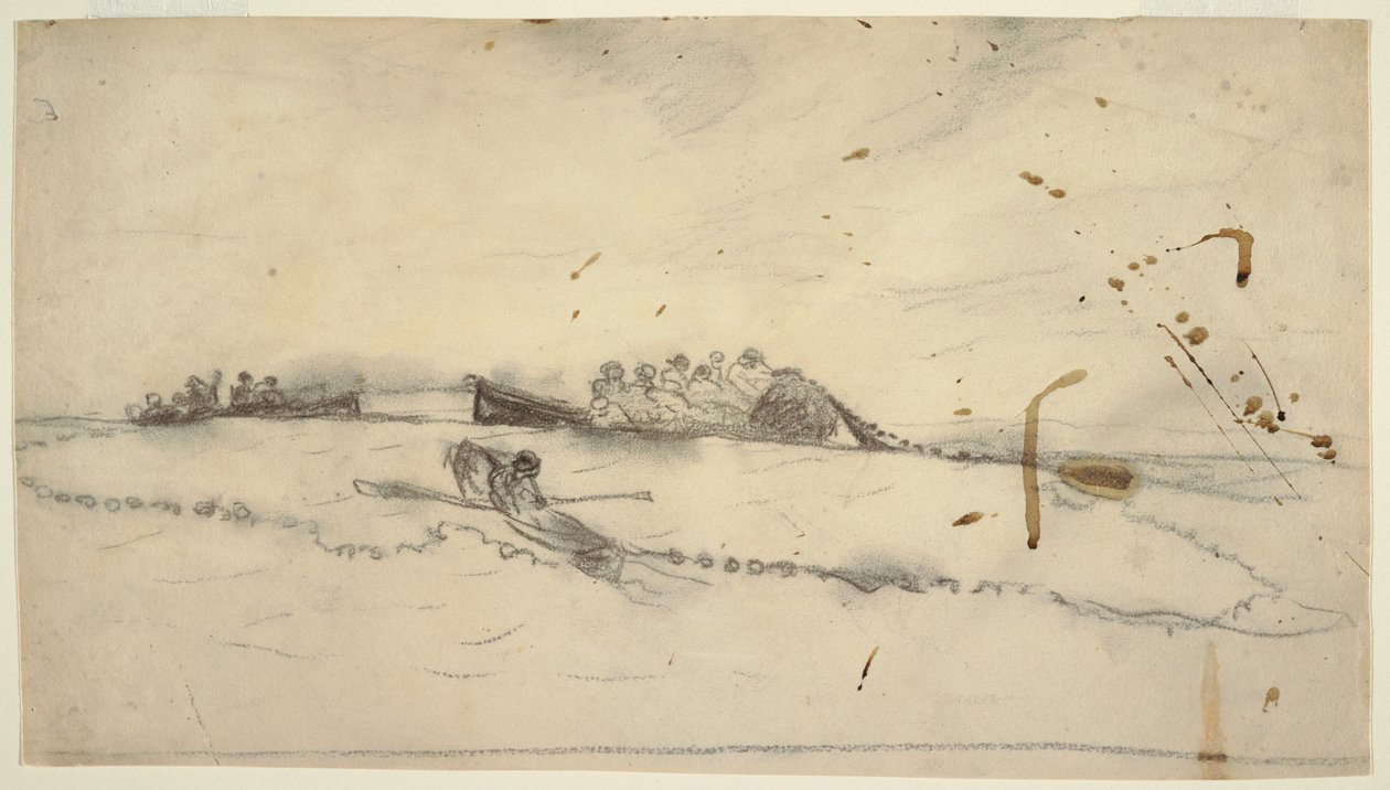 Tekening, Drie boten met vissers die een net uitzetten, 1881-82 door Winslow Homer
