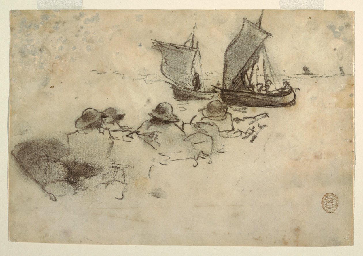 Tekening, Twee vissersboten met zeilen, Cullercoats, Engeland, 1881-82 door Winslow Homer