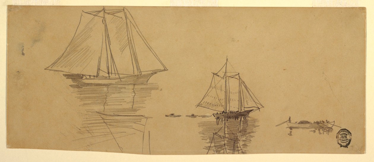 Tekening, Twee schoeners en sloepen, ca. 1880 door Winslow Homer