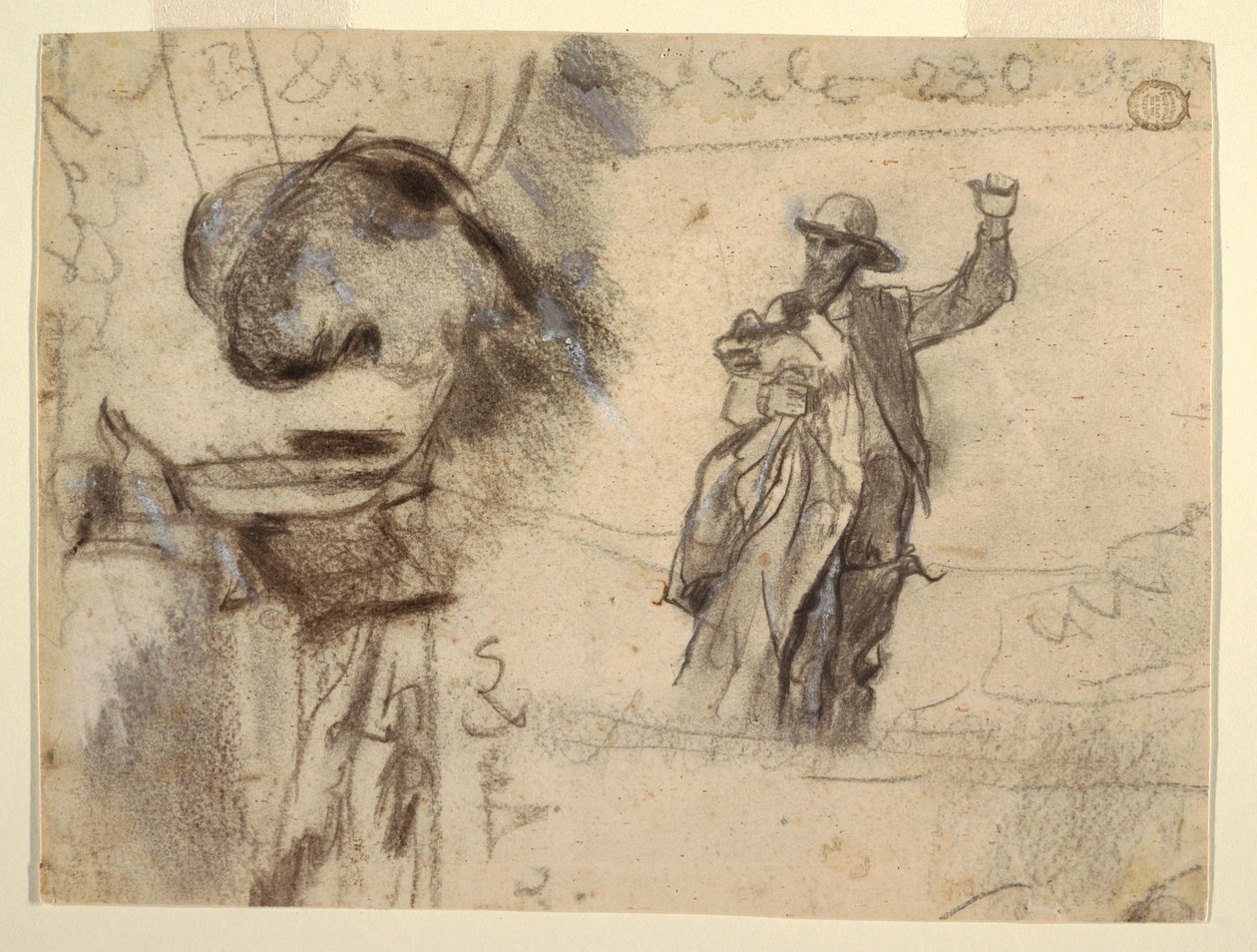 Twee studies van een matroos met opgeheven arm (Studies voor De uitkijk - Alles is goed en Het wrak) door Winslow Homer