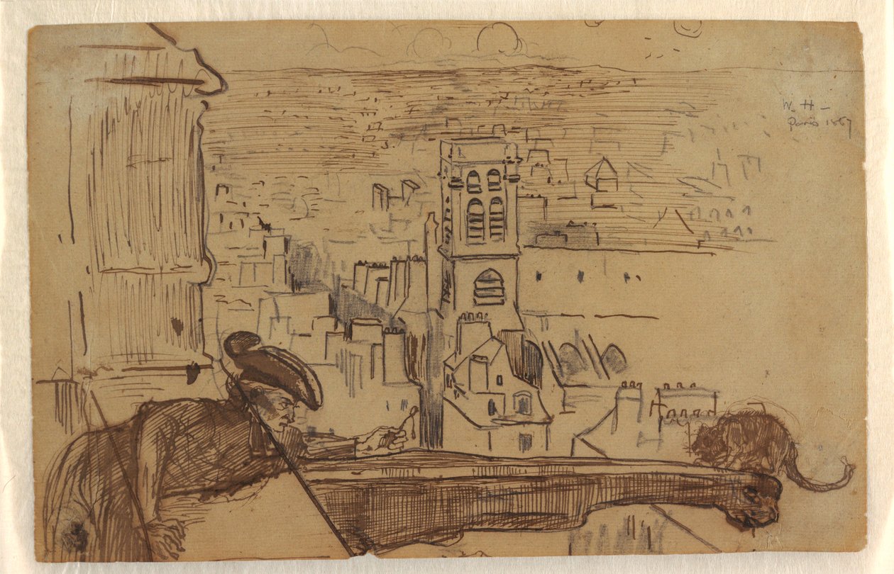 Tekening, Gezicht op Parijs met een borstwering van de toren van de Notre Dame kathedraal, 1867 door Winslow Homer