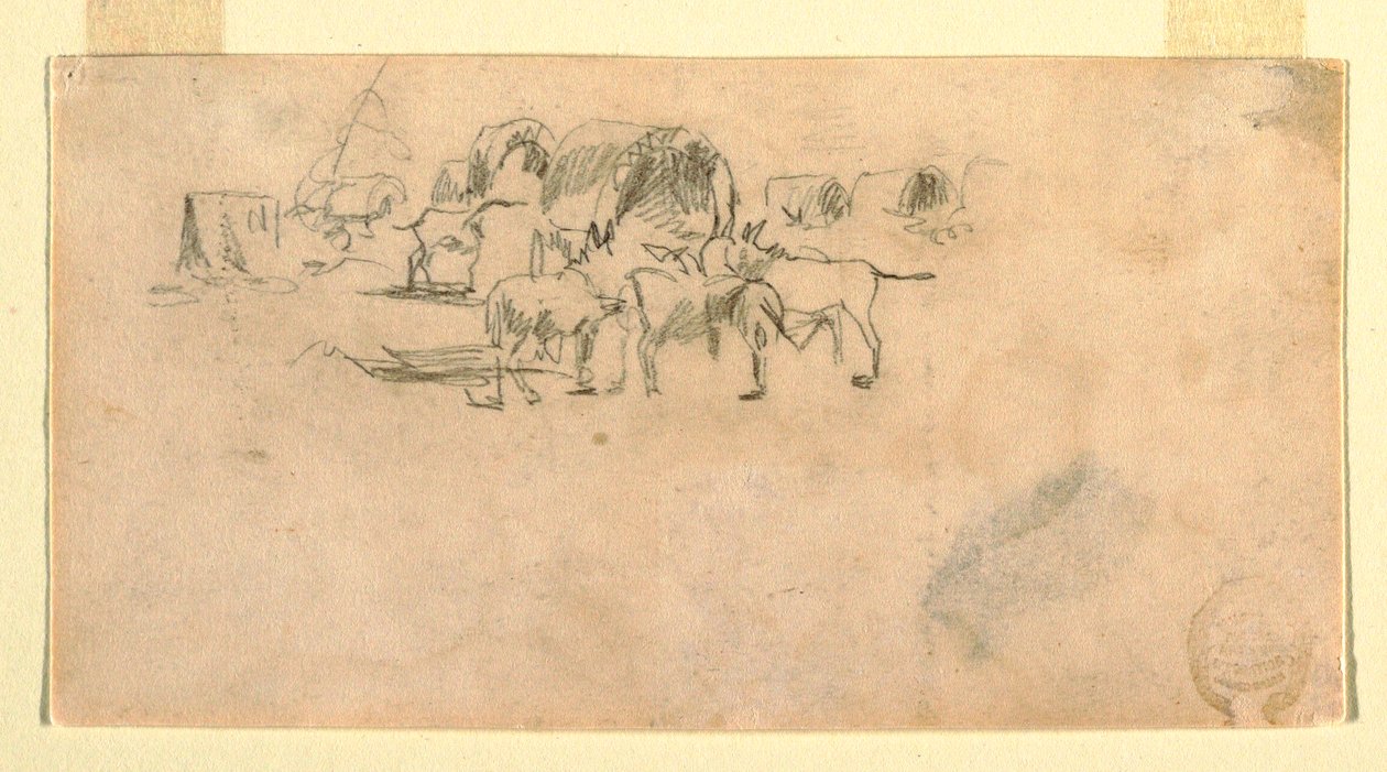 Tekening, wagontrein in het kamp, 1862 door Winslow Homer