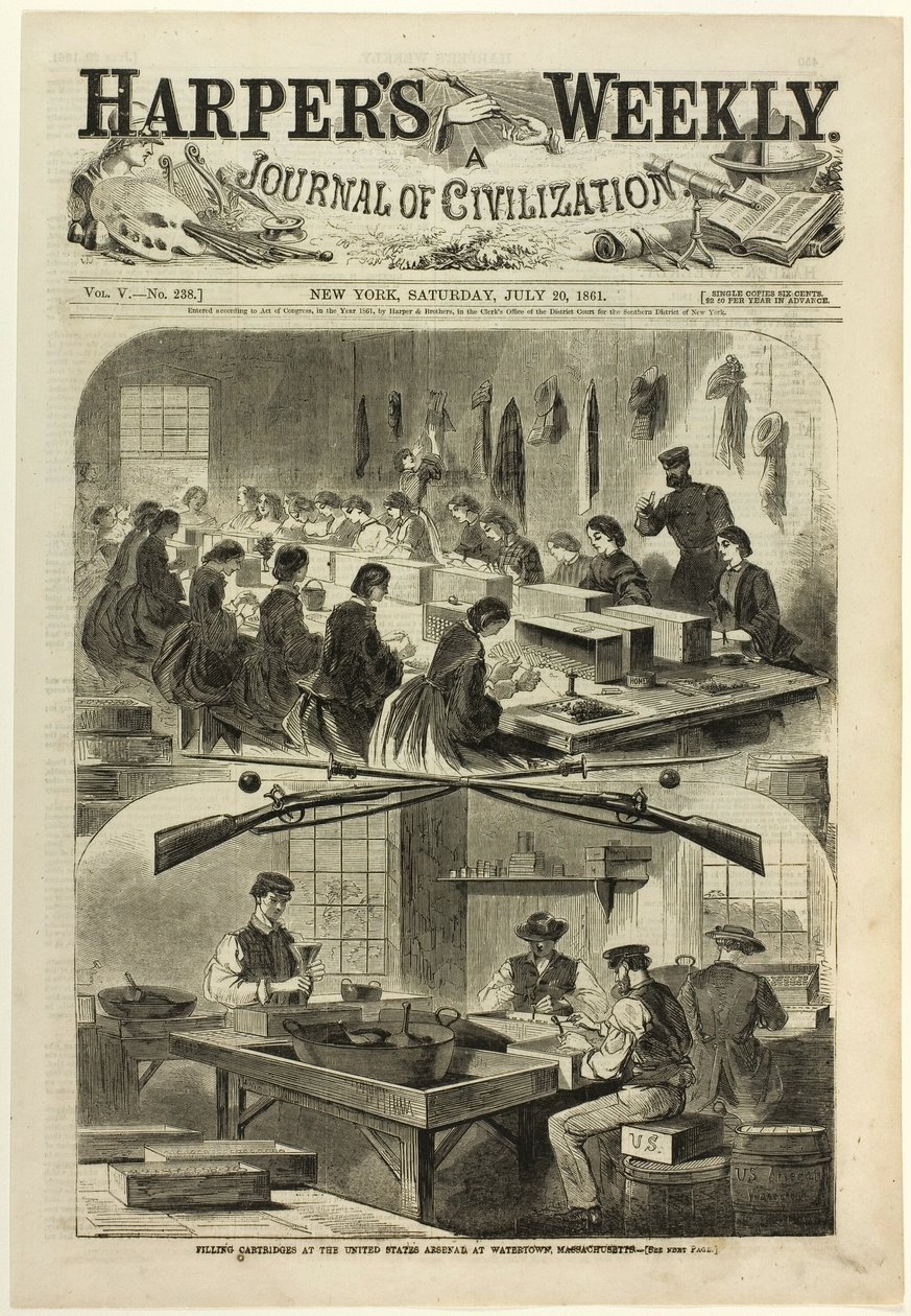 Patronen vullen in het Amerikaanse arsenaal in Watertown, Massachusetts door Winslow Homer