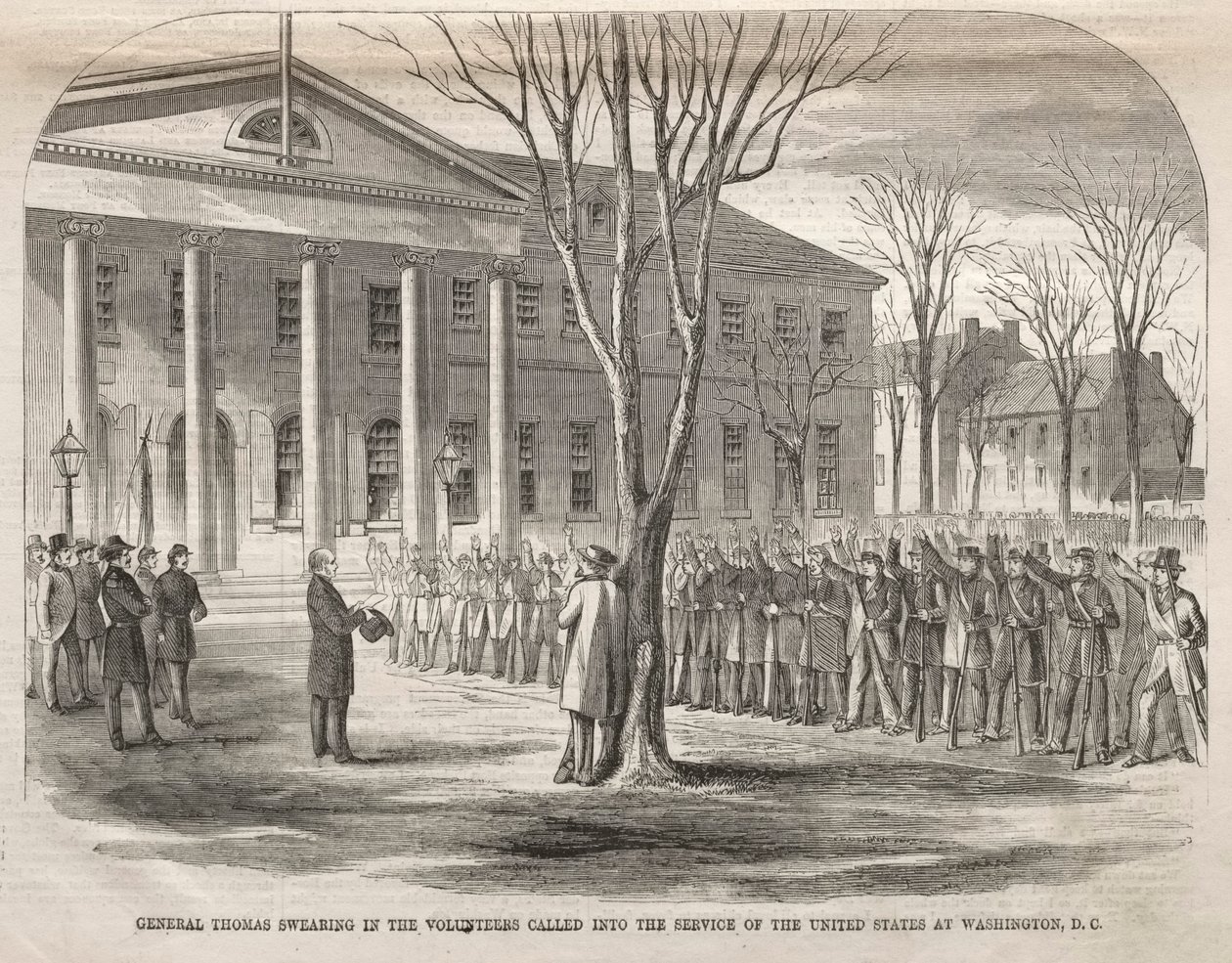 Generaal Thomas beëdigt de vrijwilligers in dienst van de Verenigde Staten (1861) door Winslow Homer