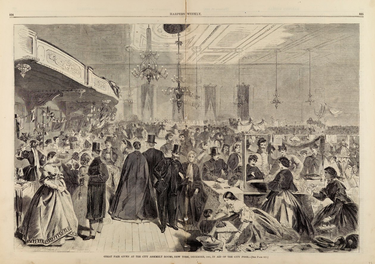 Grote kermis gegeven in de City Assembly Rooms, New York, december 1861, ter ondersteuning van de armen in de stad, uit Harper