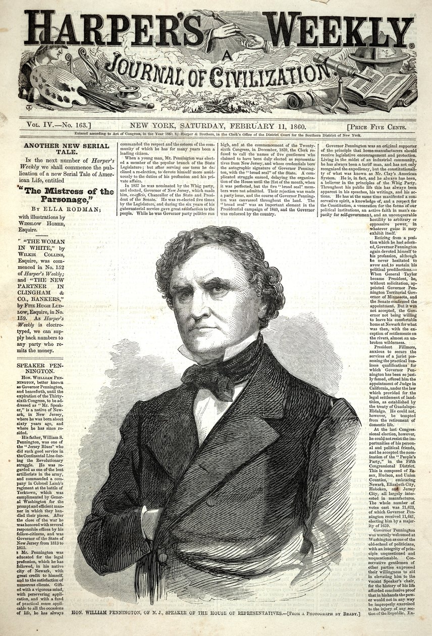 De geachte William Pennington uit New Jersey, voorzitter van het Huis van Afgevaardigden, uit Harper’s Weekly, 11 februari 1860 door Winslow Homer