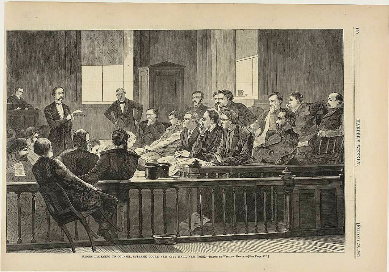Juryleden luisteren naar raadslieden, Hooggerechtshof, New City Hall, New York door Winslow Homer