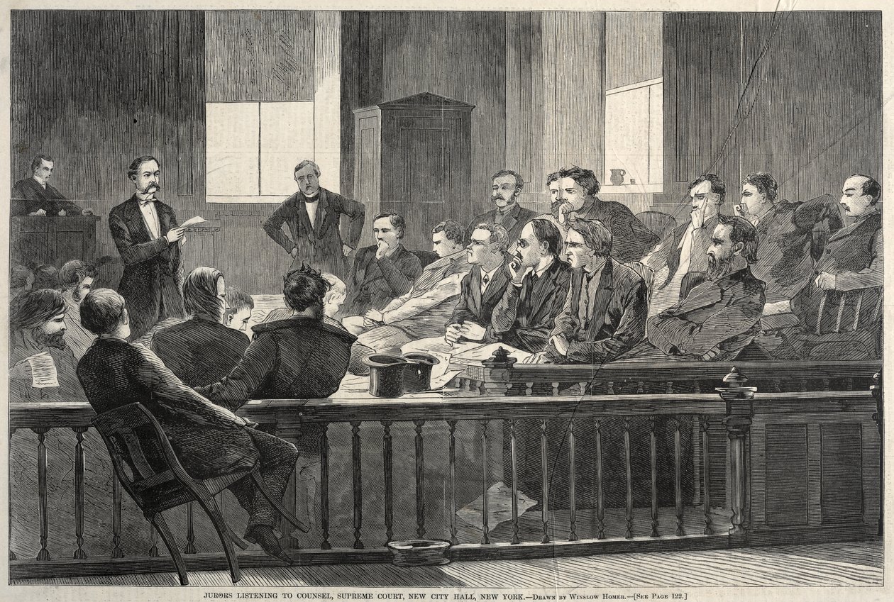 Juryleden luisteren naar de raadslieden, Hooggerechtshof, Nieuw Stadhuis, New York door Winslow Homer