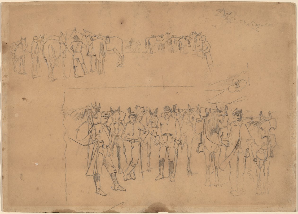 Officieren en paarden in rust door Winslow Homer