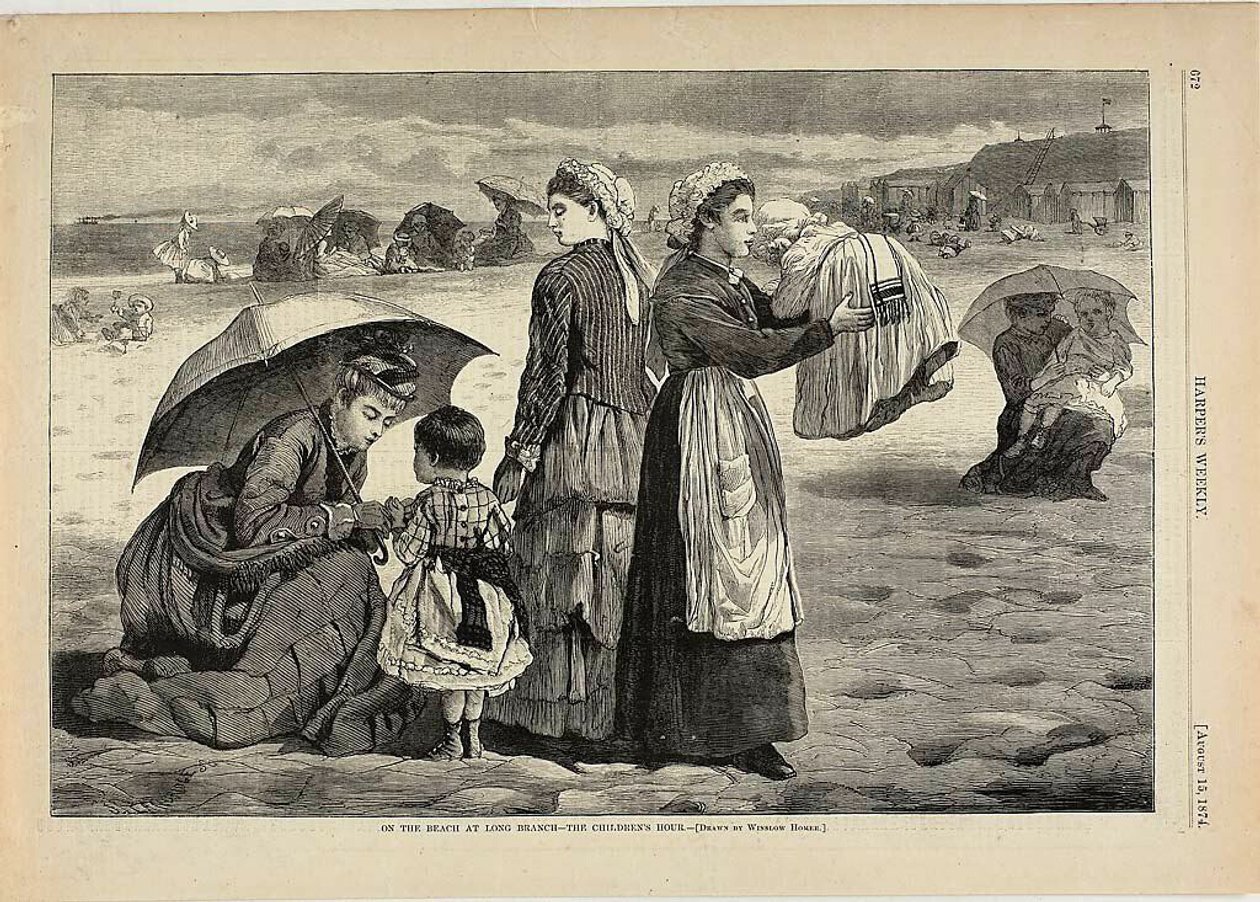 Op het strand van Long Branch - het kinderuurtje door Winslow Homer
