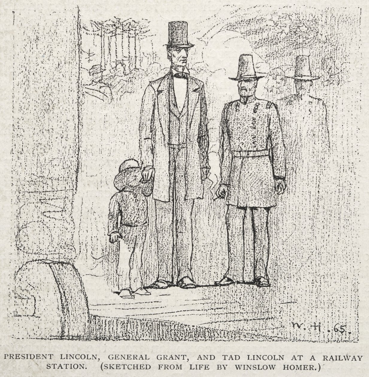 President Lincoln, generaal Grant en Tad Lincoln op een treinstation door Winslow Homer