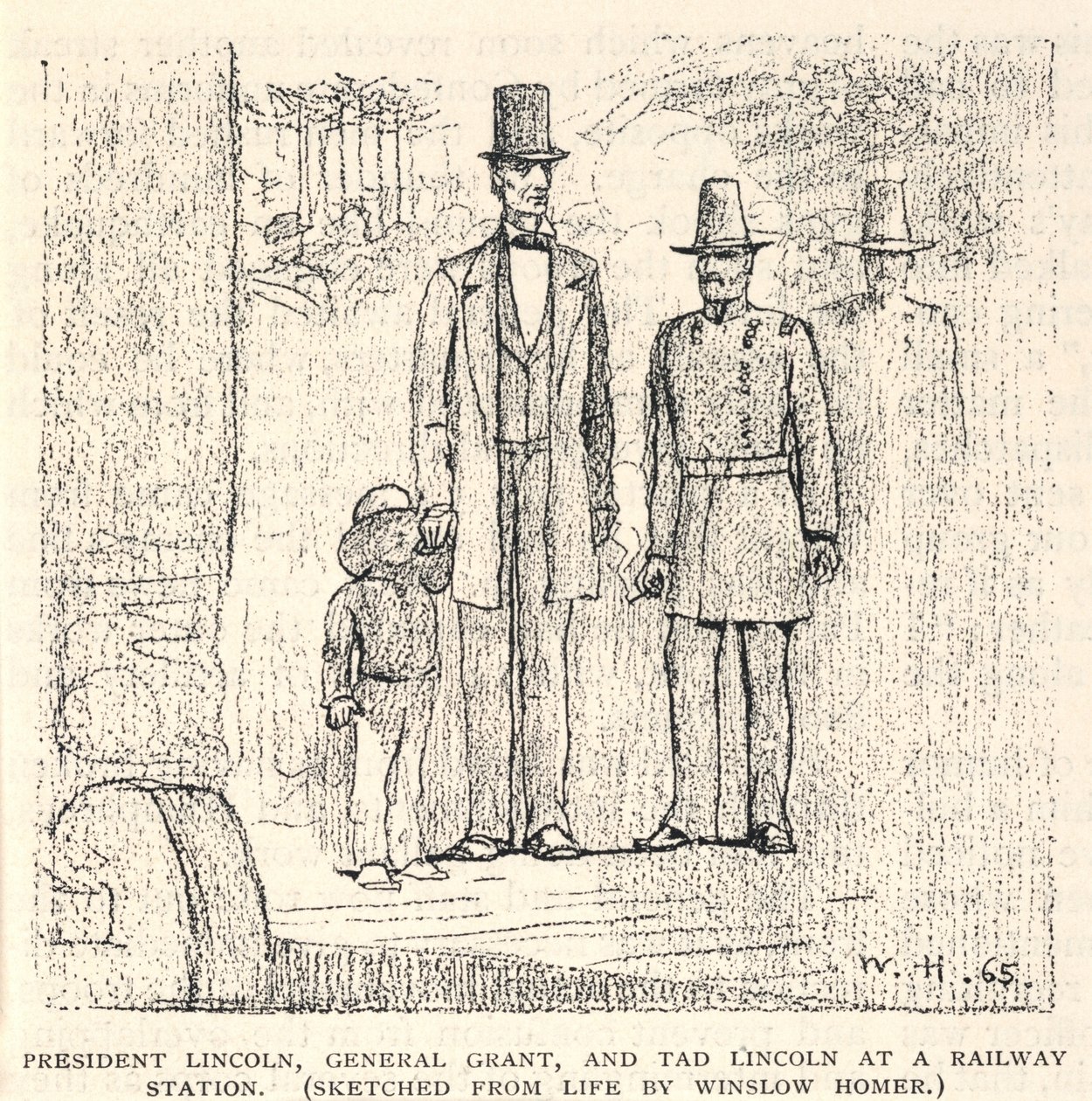 President Lincoln, generaal Grant en Tad Lincoln op een treinstation, uit The Century Magazine, november 1887 door Winslow Homer