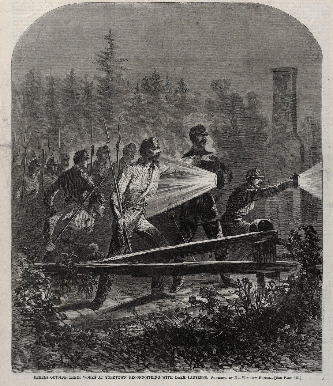 Opstandelingen buiten hun vestingwerken bij Yorktown, op verkenning met donkere lantaarns door Winslow Homer