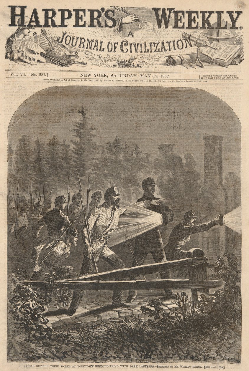 Opstandelingen Buiten Hun Werken bij Yorktown Verkennen met Donkere Lantaarns, uit Harper door Winslow Homer