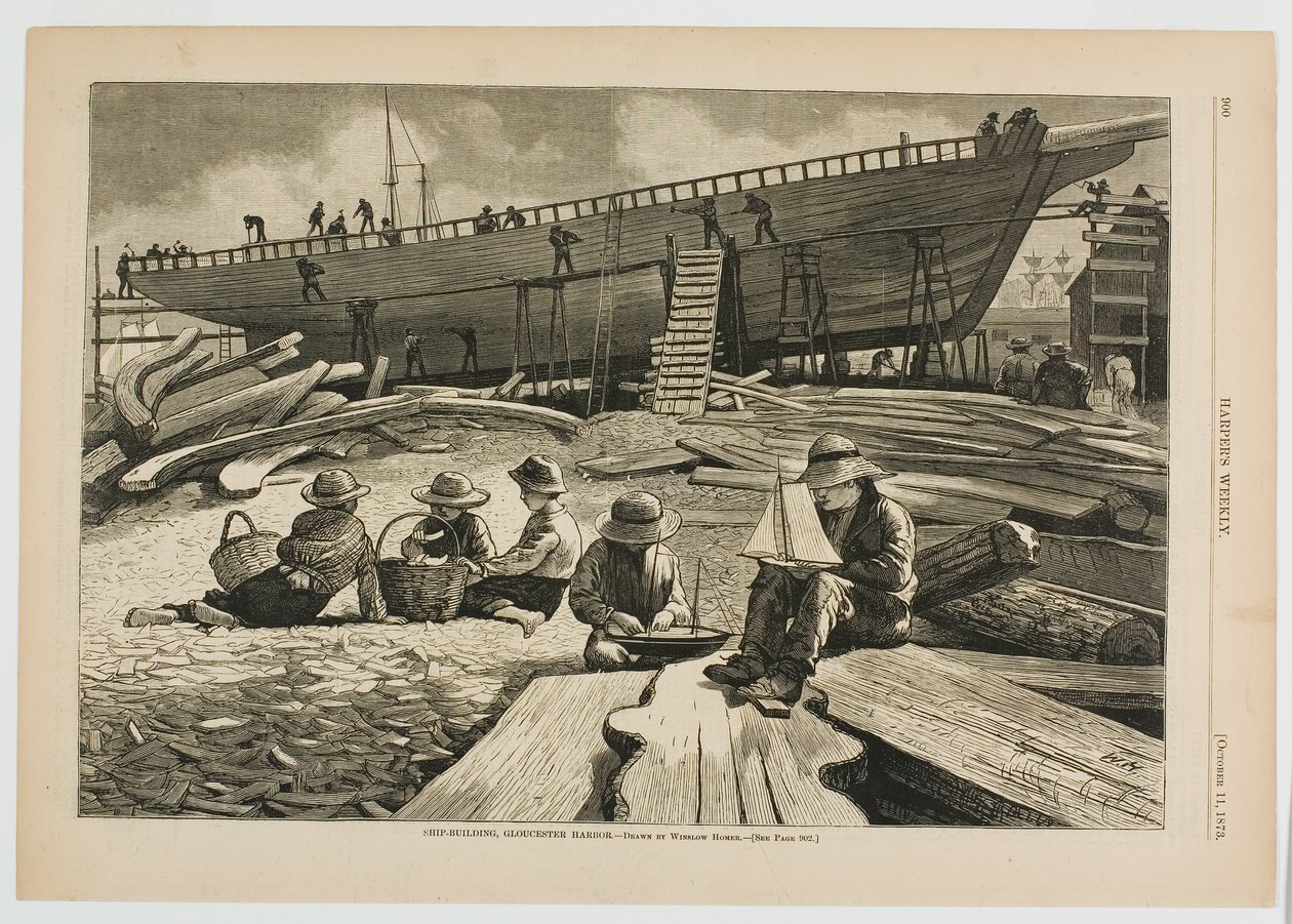 Scheepsbouw, haven van Gloucester door Winslow Homer