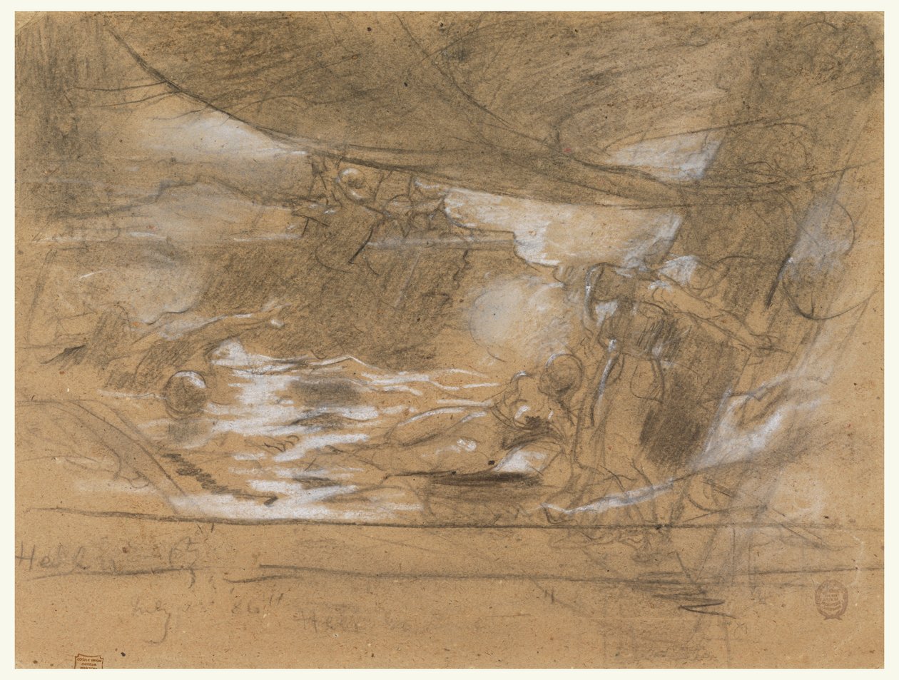 Scheepsdek met twee vrouwen vastgebonden aan de mast door Winslow Homer