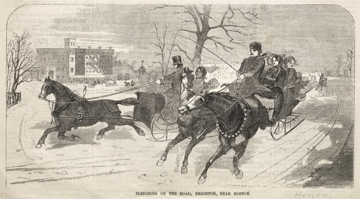 Sleeën op de weg, Brighton, nabij Boston door Winslow Homer