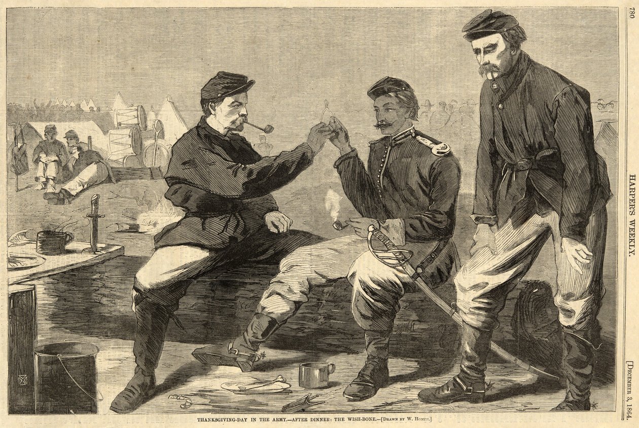 Thanksgiving-Day in het leger - Na het diner: The WishBone, uit Harpers Weekly, uitgegeven 1864 door Winslow Homer
