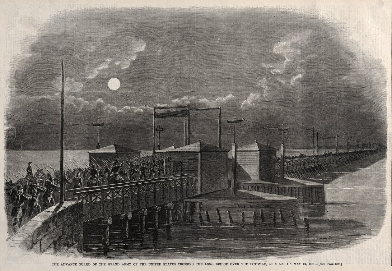 De voorhoede van het Grote Leger van de Verenigde Staten steekt de Lange Brug over, 1861 door Winslow Homer