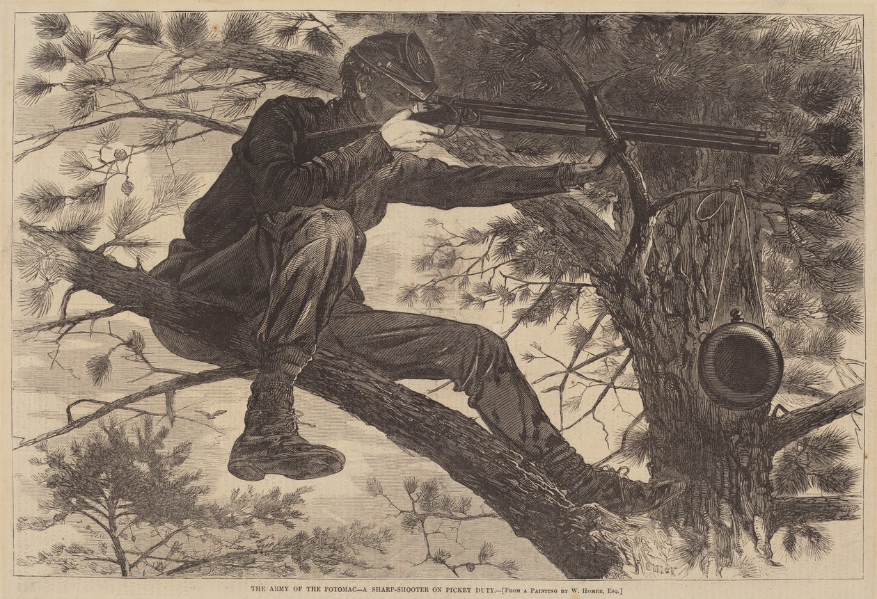 Het Leger van de Potomac - Een Scherpschutter op Wacht, gepubliceerd 1862 door Winslow Homer