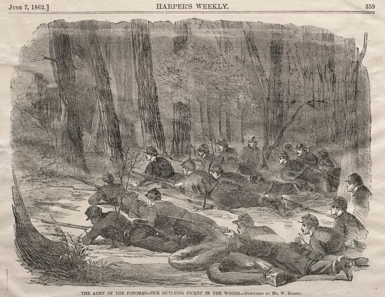 Het Leger van de Potomac - Onze Buitenpost in het Bos, 1862 door Winslow Homer