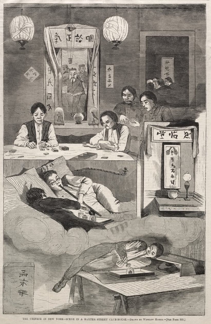 De Chinezen in New York – Een scène in een clubhuis aan Baxter Street door Winslow Homer
