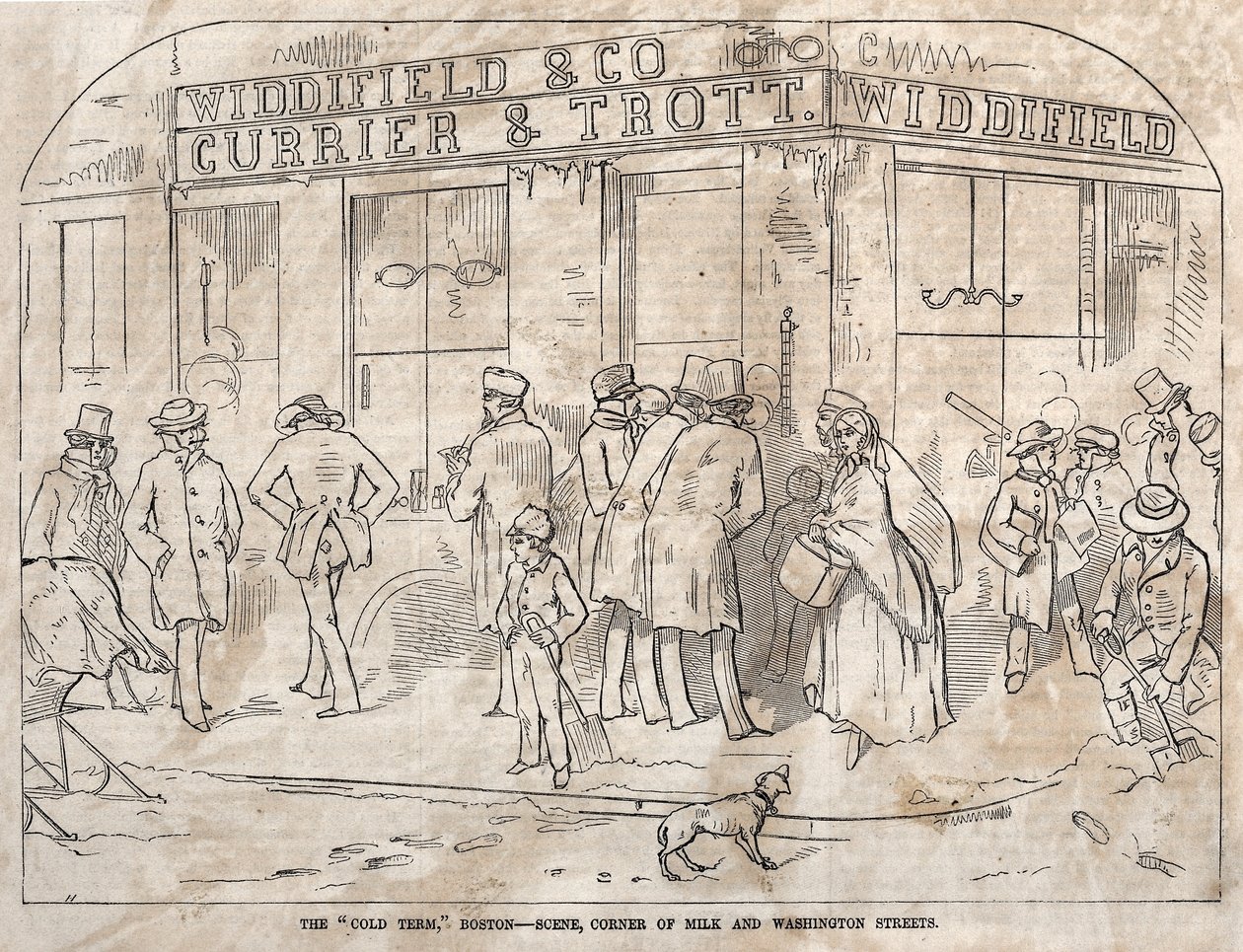 De koude periode, Boston - Scène, hoek Milk en Washington Streets, 1858 door Winslow Homer