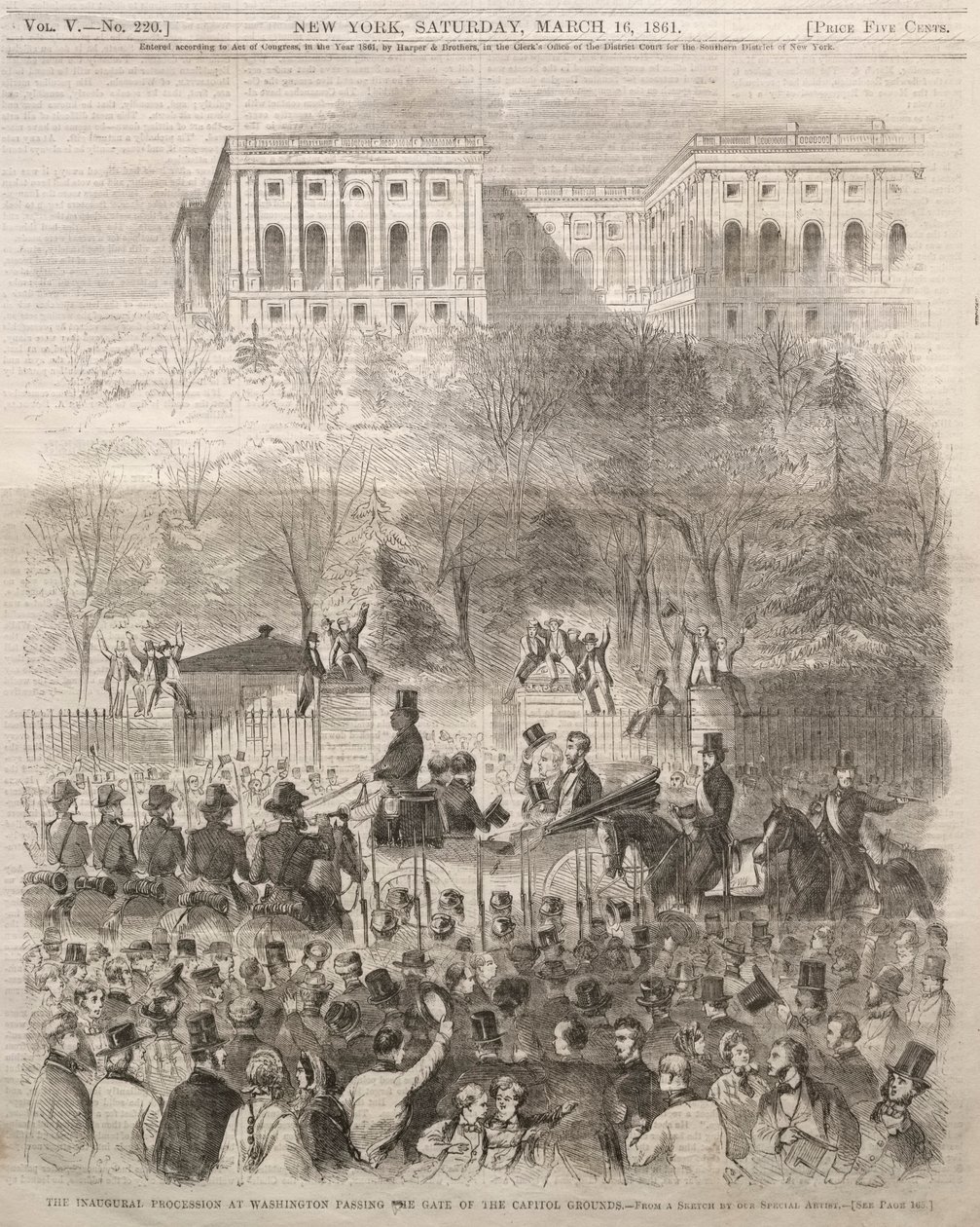 De Inhuldigingsprocessie in Washington passeert de poort van de Capitoolgronden, 1861 door Winslow Homer