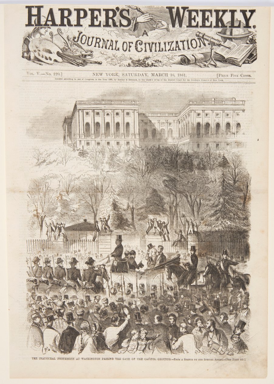 De inaugurele processie in Washington passeert de poort van de Capitol Grounds, uit Harper