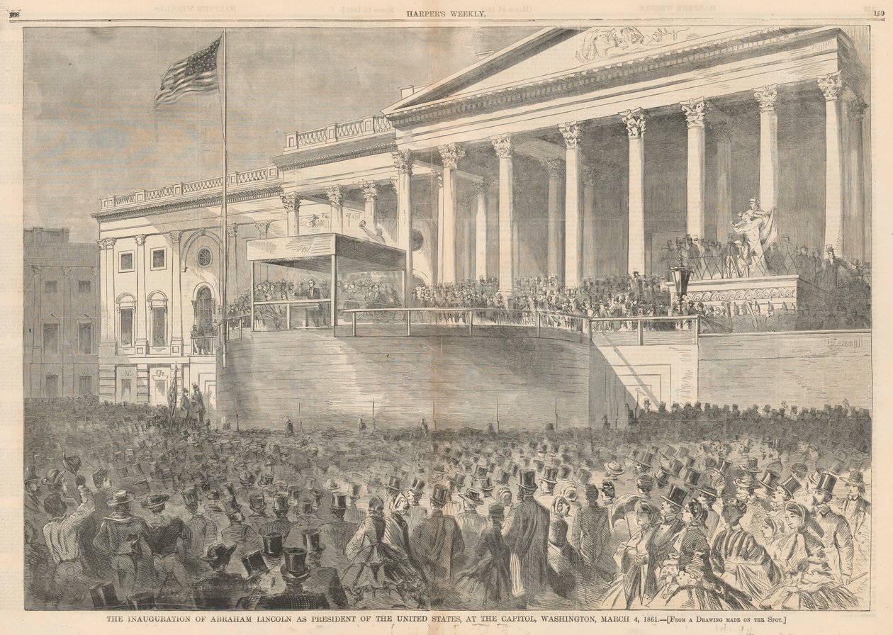 De inauguratie van Abraham Lincoln als president van de Verenigde Staten, bij het Capitool, Washington, 4 maart 1861; uit Harper door Winslow Homer