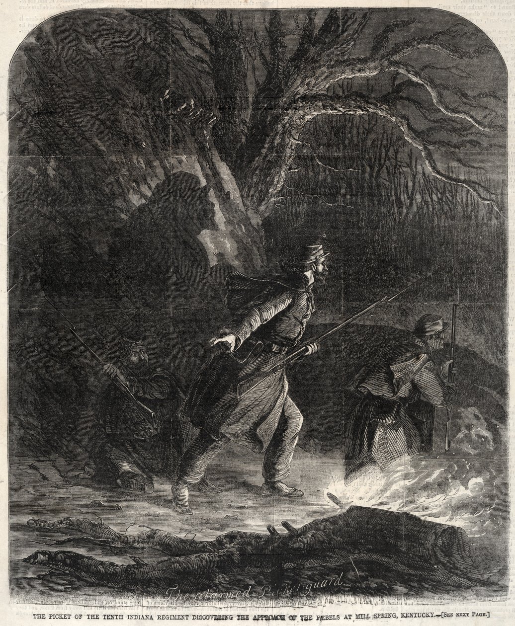 De wachtpost van het tiende Indiana Regiment ontdekt de nadering van de rebellen door Winslow Homer