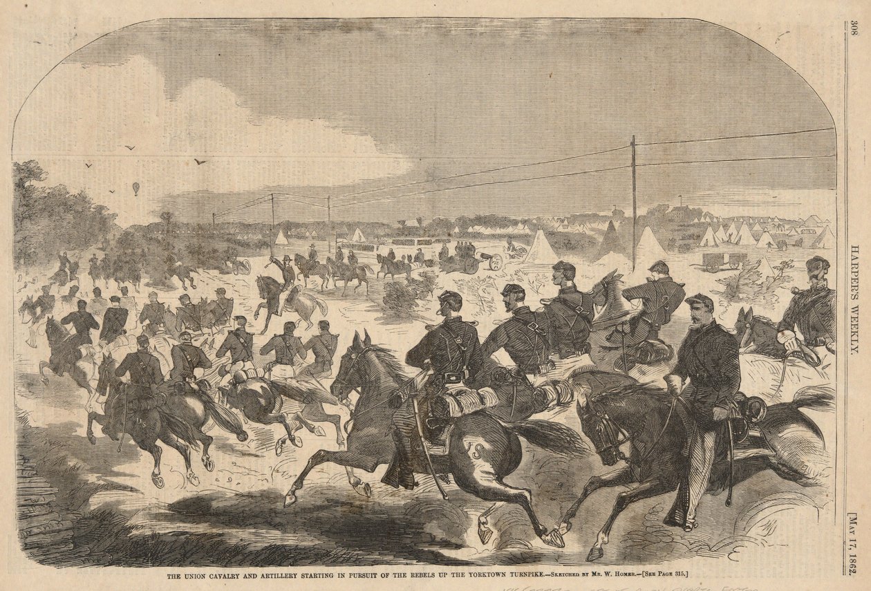 De cavalerie en artillerie van de Unie beginnen de achtervolging van de rebellen over de Yorktown Turnpike, uit Harper