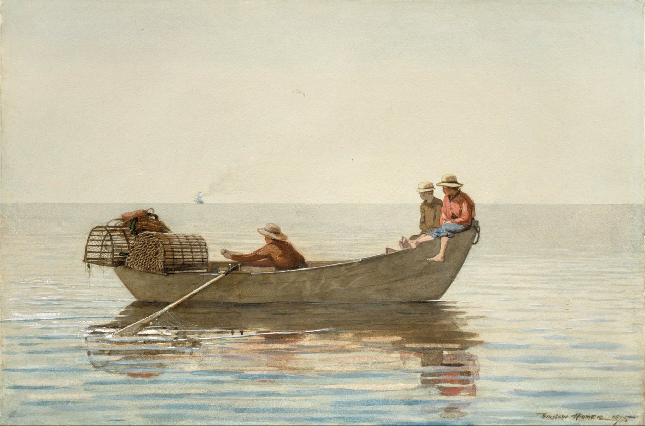 Drie jongens in een zonnevis met kreeftenpotten door Winslow Homer