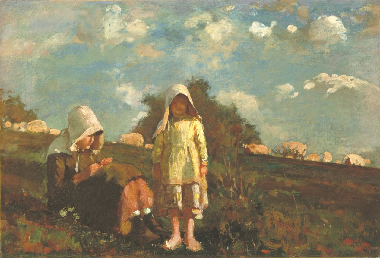 Twee meisjes met zonnehoedjes in een veld door Winslow Homer
