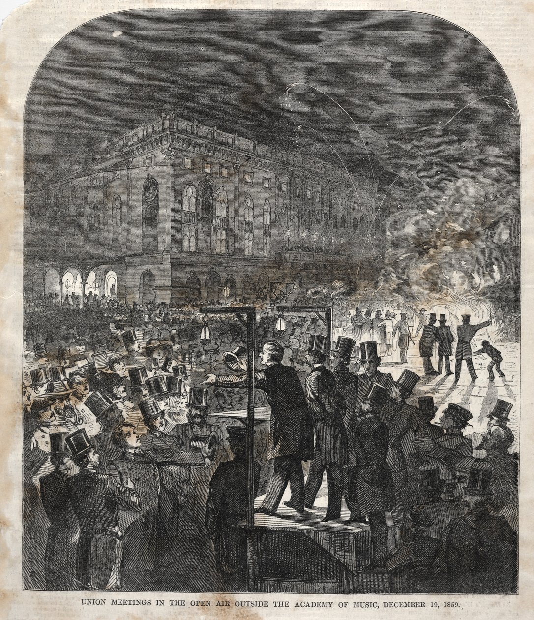 Vakbondsbijeenkomst in de open lucht buiten de Muziekacademie, 1859 door Winslow Homer