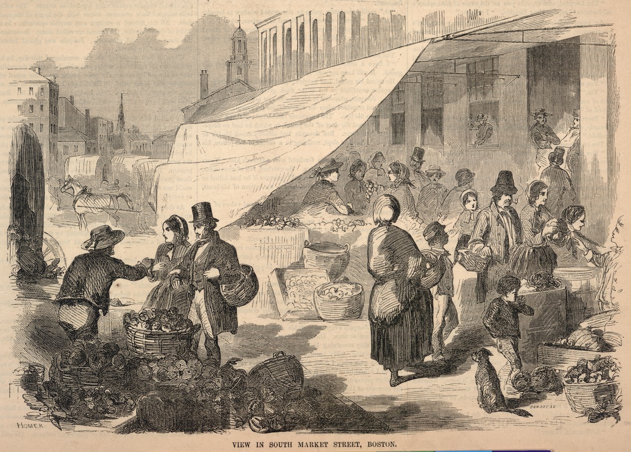 Uitzicht op South Market Street in Boston, uit Ballou’s Pictorial Drawing-Room Companion, 3 oktober 1857 door Winslow Homer