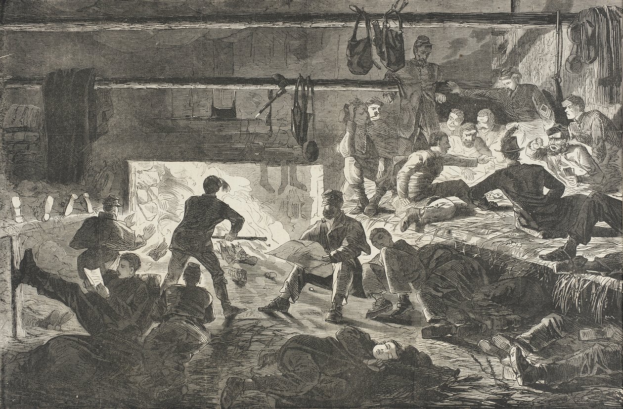 Winterkwartieren in het kamp - Het interieur van een hut door Winslow Homer
