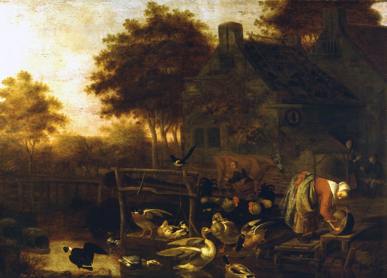 Landschap in Nederland (boerderij met veel dieren en een boer die een koe melkt) door Wintrack de Jongere door Wintrack the Younger