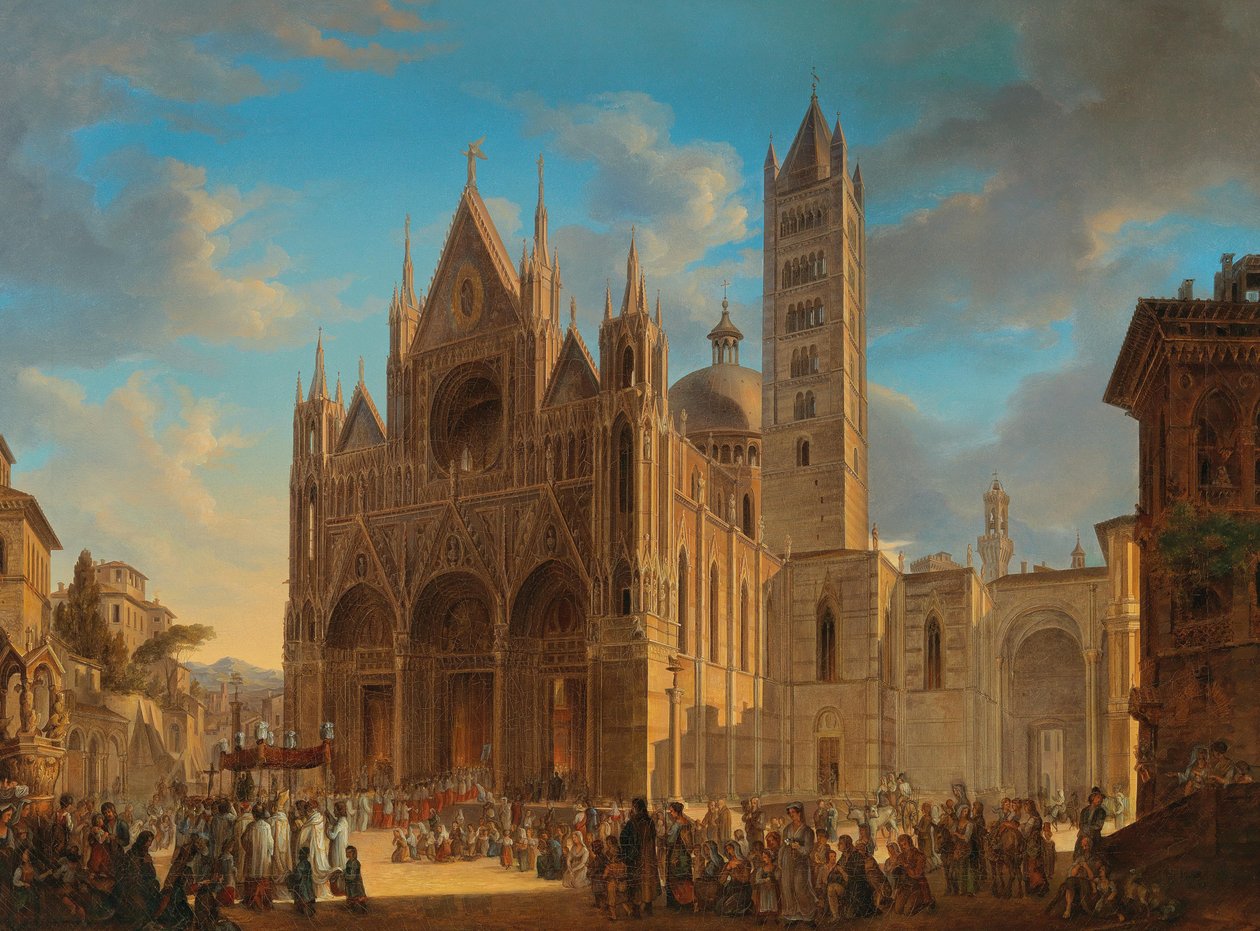 Processie voor de kathedraal van Siena, gesigneerd en gedateerd rechtsonder door Woldemar Hermann