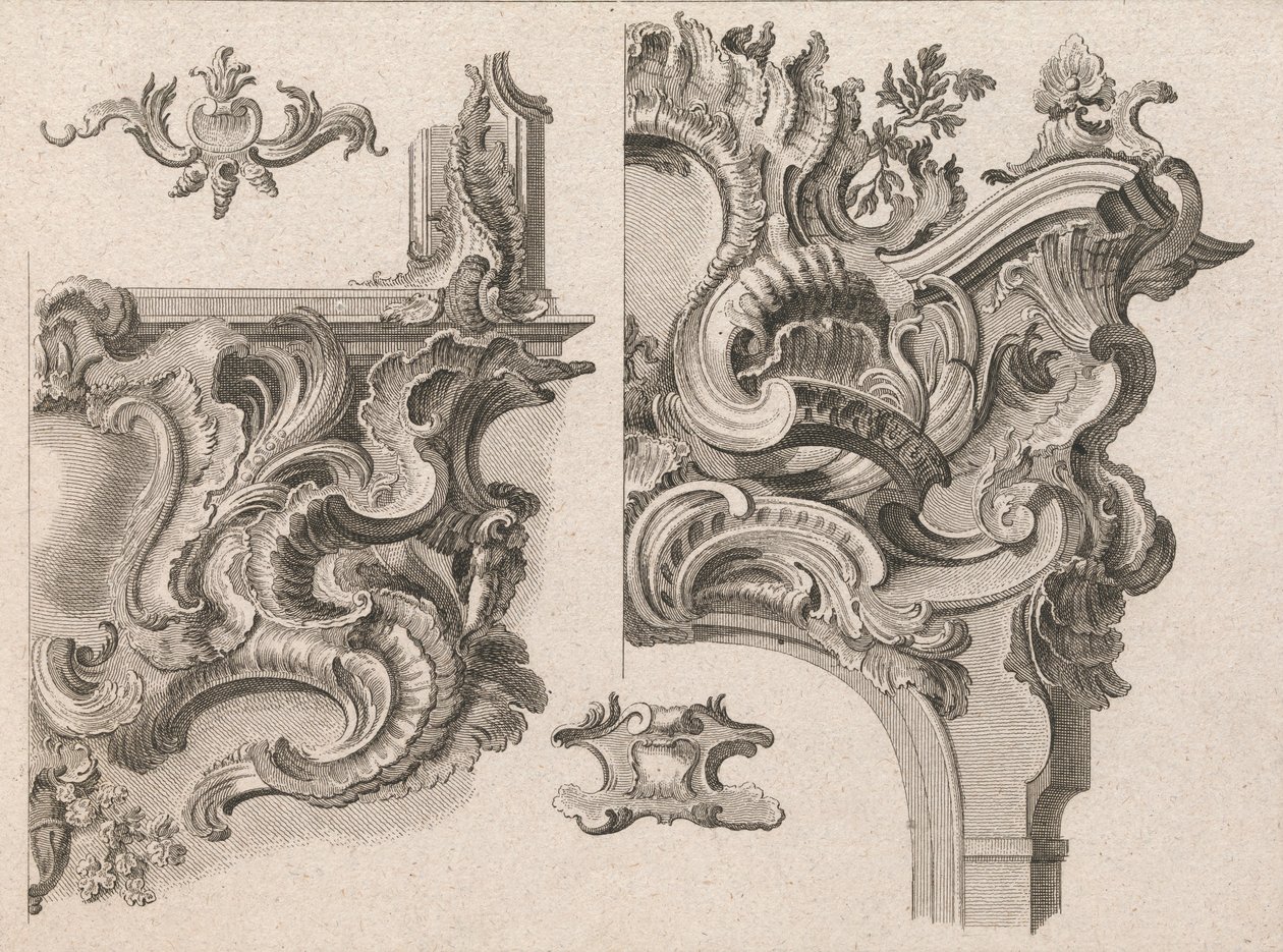 Suggestie voor de decoratie van de rechter benedenhoek en rechter bovenhoek van een altaarframe..., Gedrukt ca. 1750-56 door Wolffgang Christoph Mayr