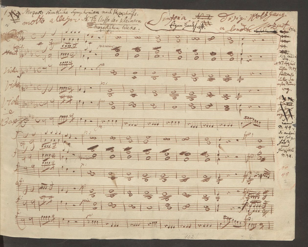 De opening van het handgeschreven manuscript van Mozarts Symfonie nr. 1 door Wolfgang Amadeus Mozart