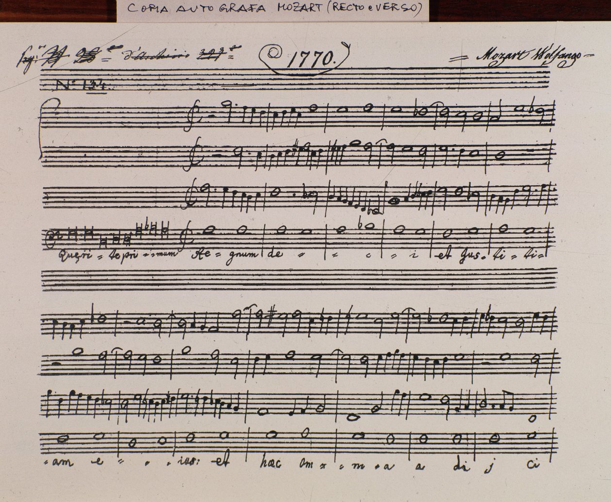 Bladmuziekpagina voor Querite primum regnum Dei door Mozart om de titel van Accademia filarmonico te verkrijgen, versie gecorrigeerd door vader Martini (1770) door Wolfgang Amadeus Mozart
