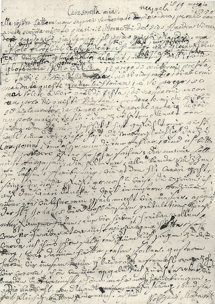 Wolfgang Amadeus Mozart (1756-1791) Oostenrijkse componist. Eigenhandige brief aan zijn zus Nannerl. Napels 19 maart 1770 door Wolfgang Amadeus Mozart
