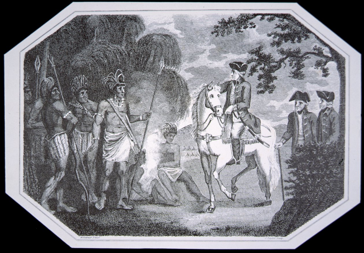 Generaal Burgoyne en de Indianen in 1777, gegraveerd door J. Taylor, uit 