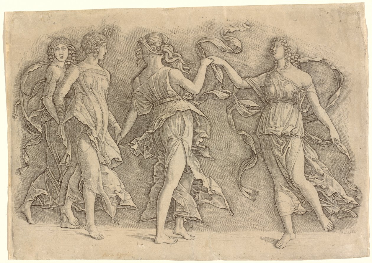 Vier Dansende Muzen door Workshop of Andrea Mantegna